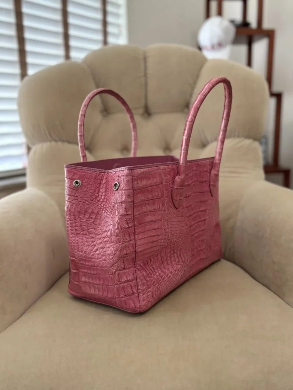Auth RIVER Brand Genuine Caiman Crocodile Pink Rose Satchel Bag....GORGEOUS!!!